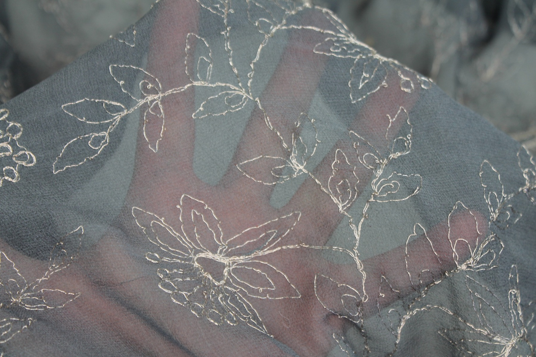 Metallic Floral Embroidery on Grey Silk Chiffon fabric, image 7 of 7