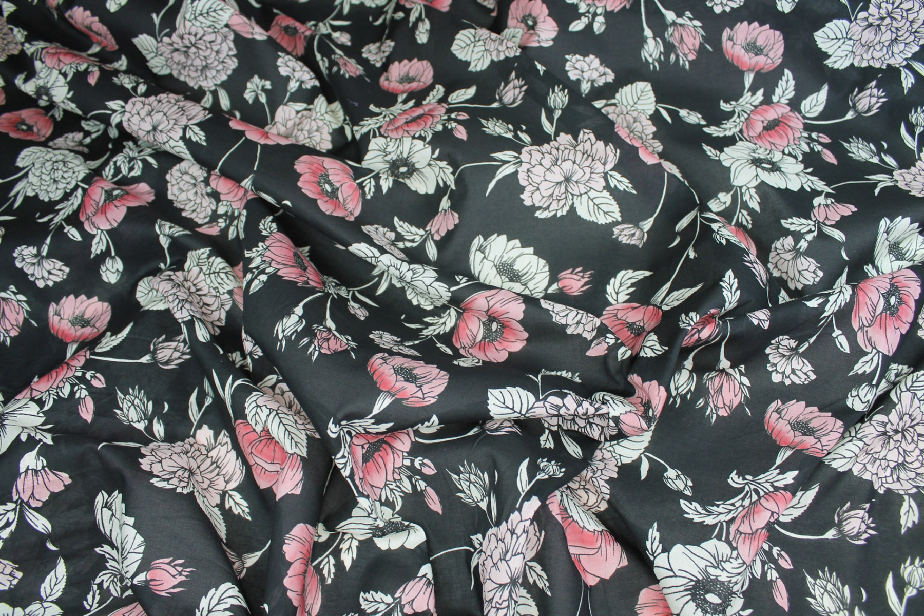 Floral Print Cotton - Black, Pink and Off White fabric, image 2 of 8