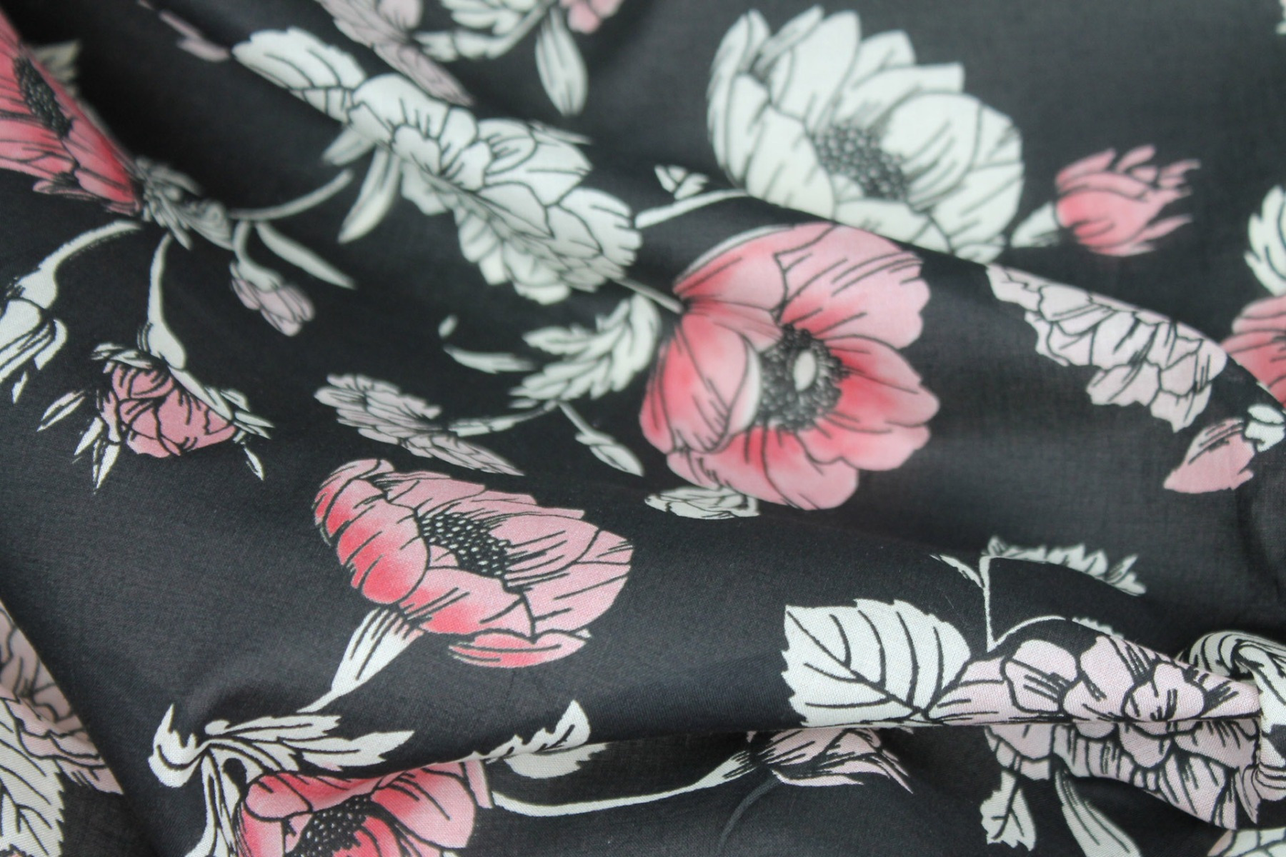 Floral Print Cotton - Black, Pink and Off White fabric