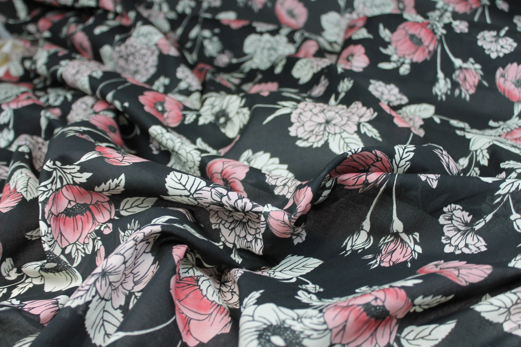 Floral Print Cotton - Black, Pink and Off White fabric, image 3 of 8