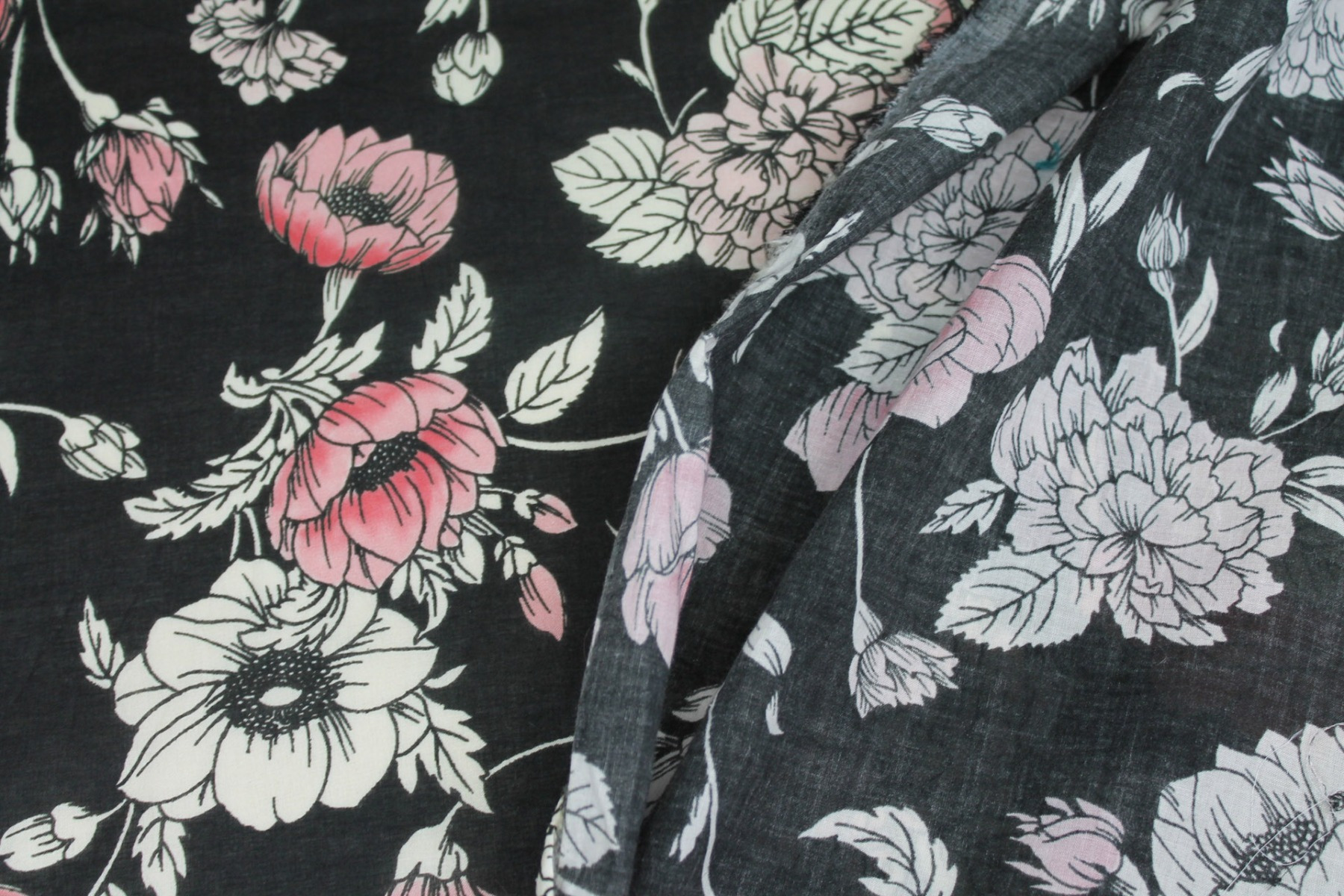 Floral Print Cotton - Black, Pink and Off White fabric, image 6 of 8