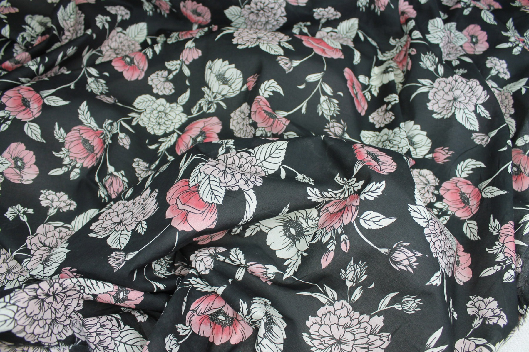 Floral Print Cotton - Black, Pink and Off White fabric, image 7 of 8