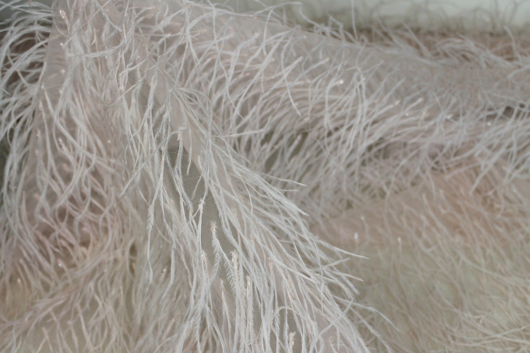 Beads and Ostrich Feathers on Tulle - Pale Pink fabric