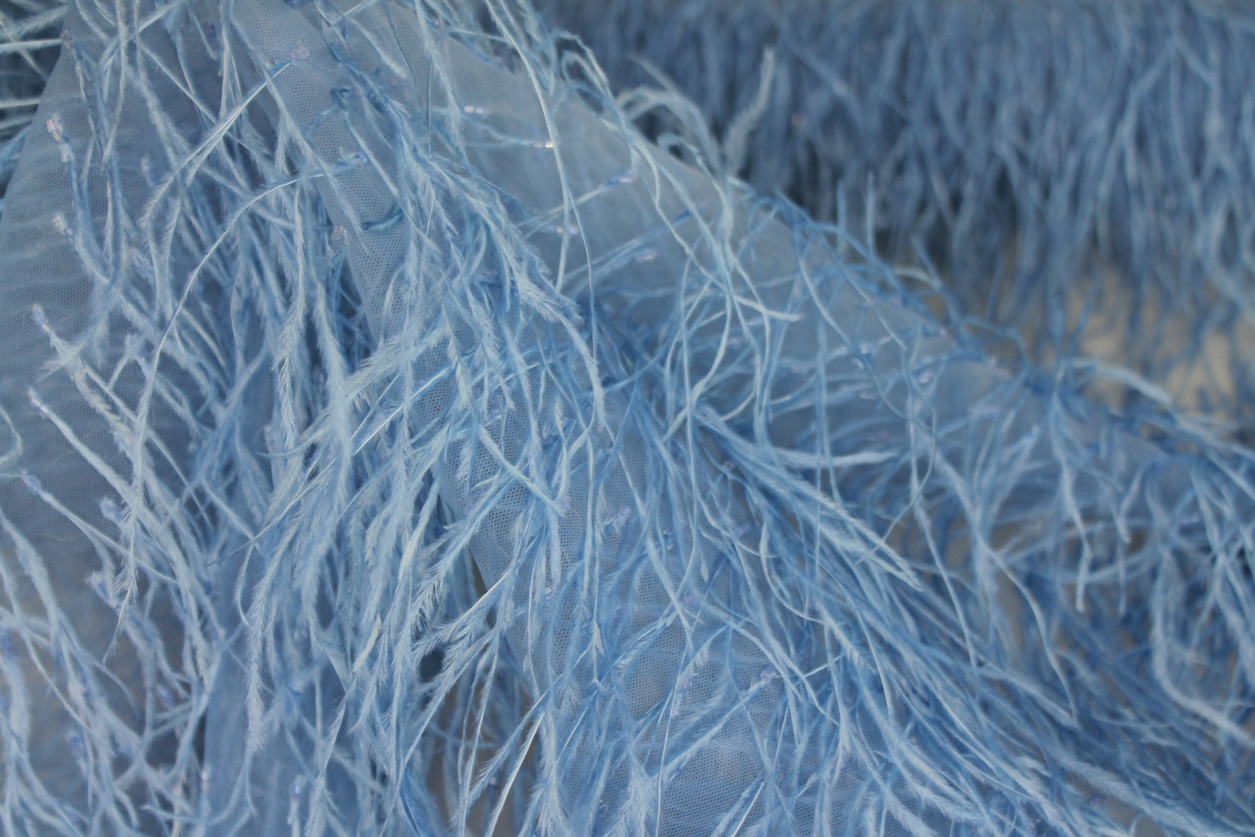 Beads and Ostrich Feathers on Tulle - Sky Blue fabric