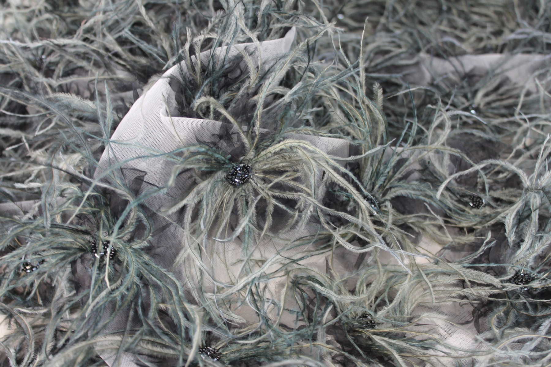 Beads and Ostrich Feather Rosette on Tulle - Black/Grey fabric, image 3 of 5