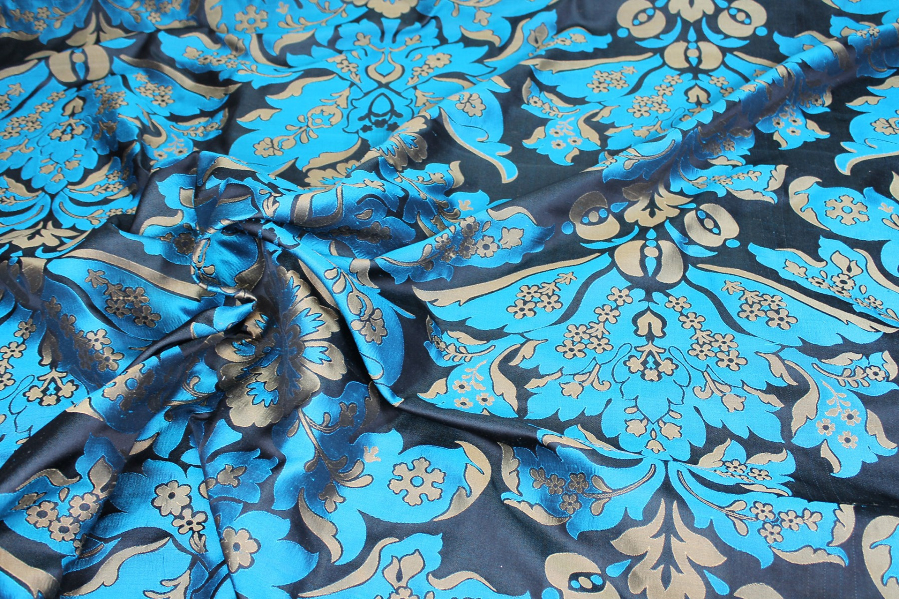 Silk Brocade - Black, Gold and Turquoise fabric, image 2 of 8