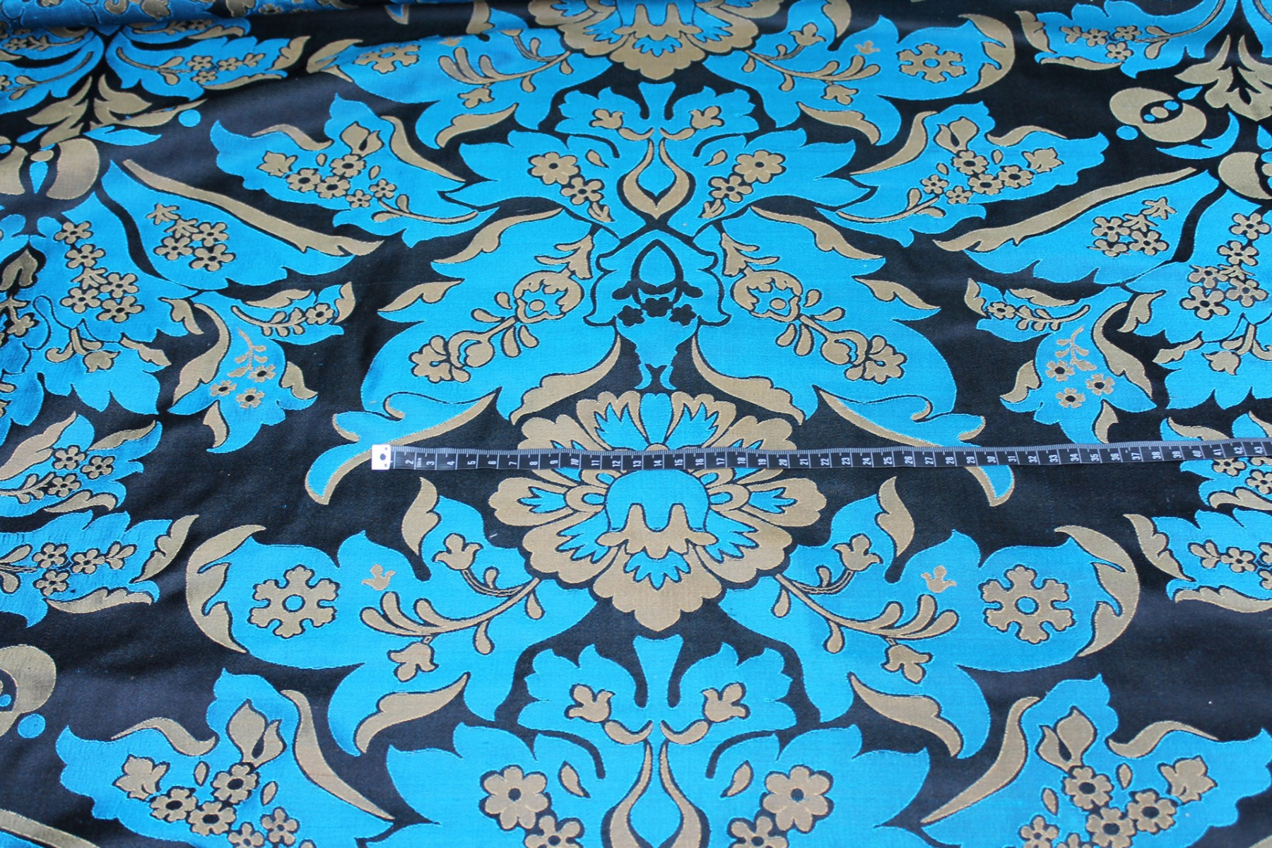 Silk Brocade - Black, Gold and Turquoise fabric, image 3 of 8