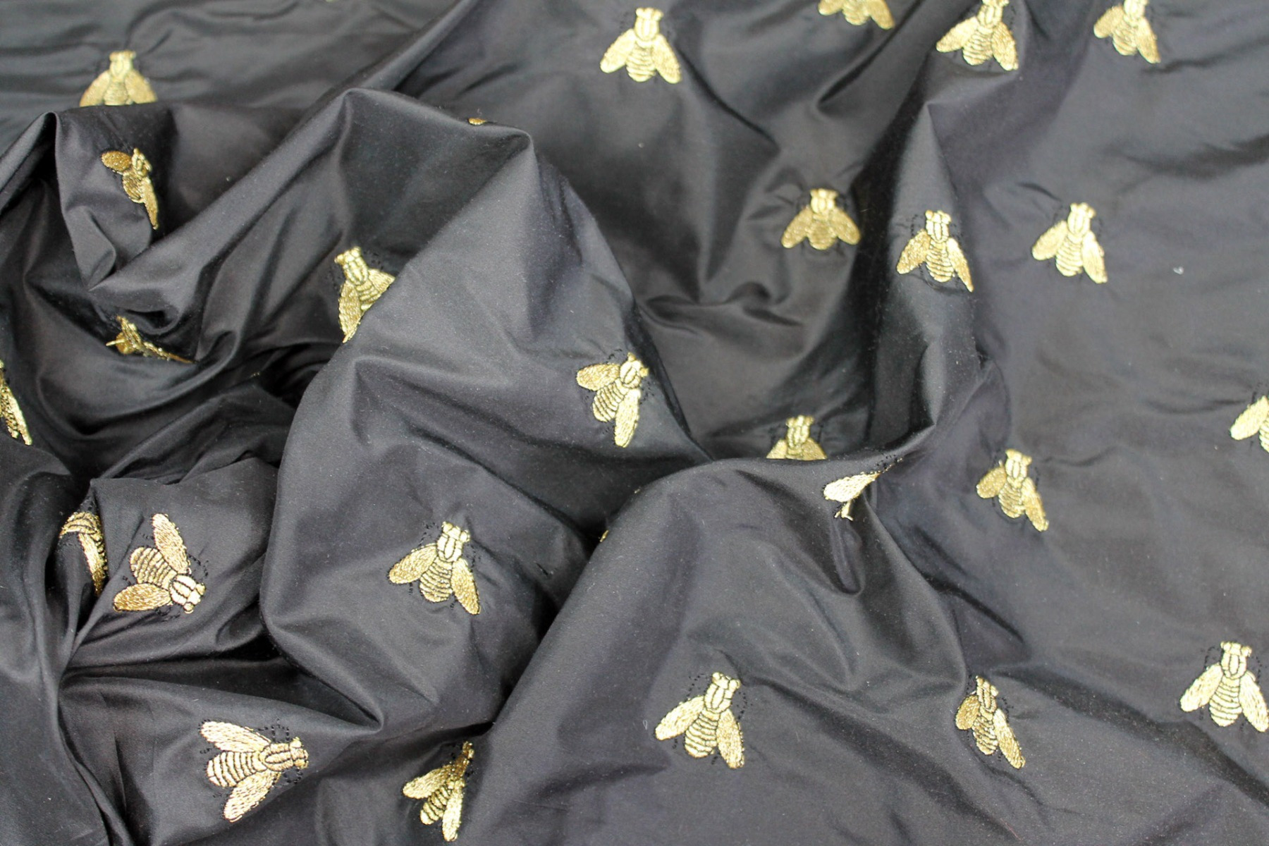 Silk Dupion Embroidered with Bees - Black / Gold fabric, image 6 of 6