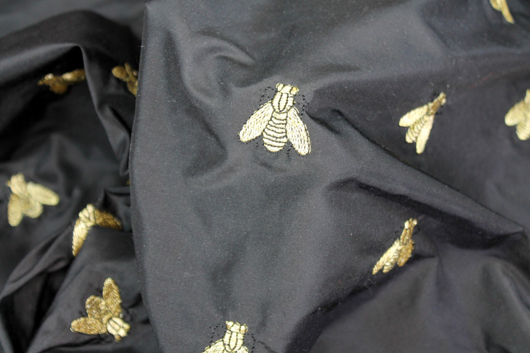 Silk Dupion Embroidered with Bees - Black / Gold fabric
