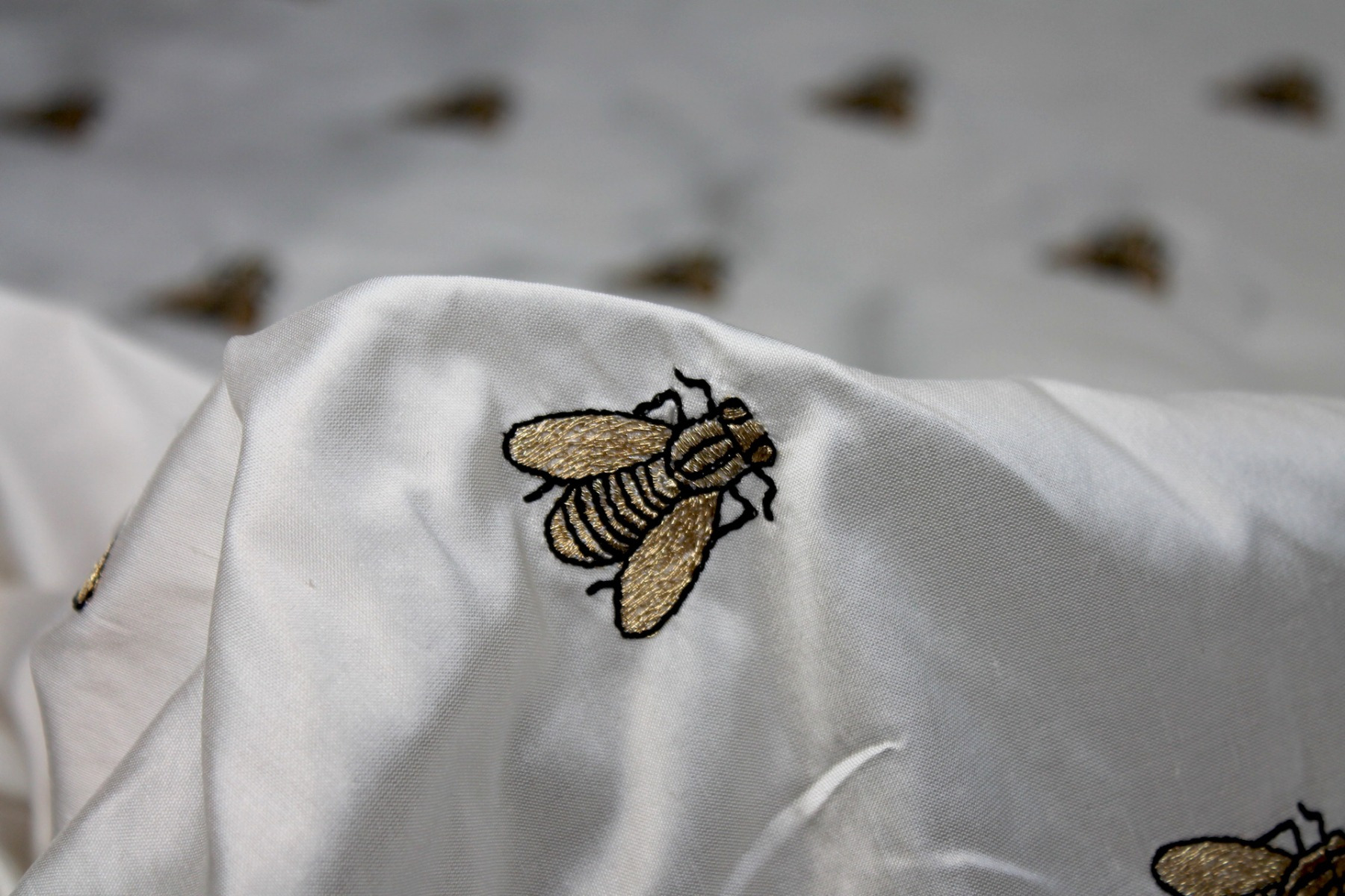Silk Dupion Embroidered with Bees - Ivory / Gold fabric, image 2 of 7