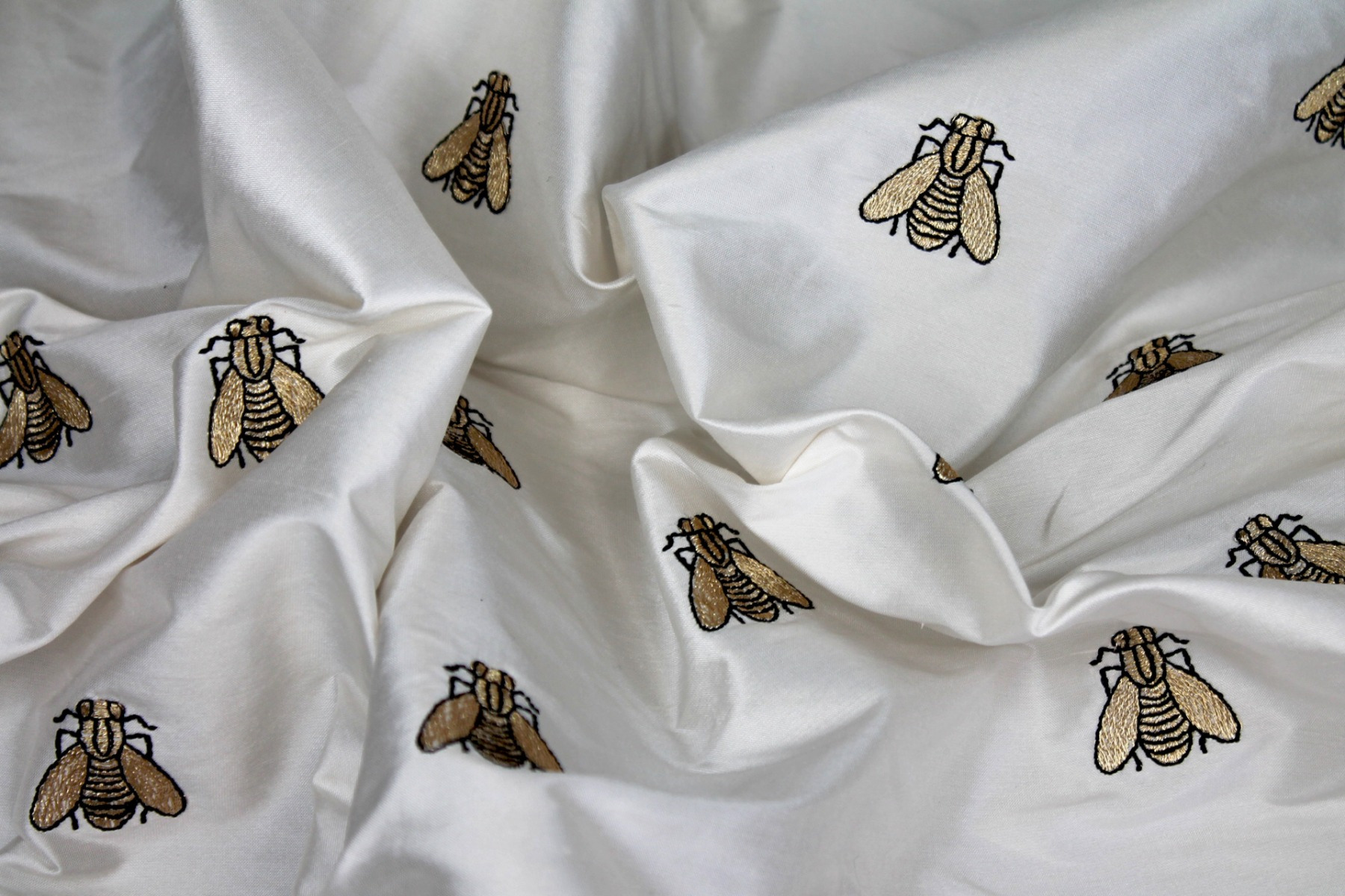 Silk Dupion Embroidered with Bees - Ivory / Gold fabric, image 3 of 7