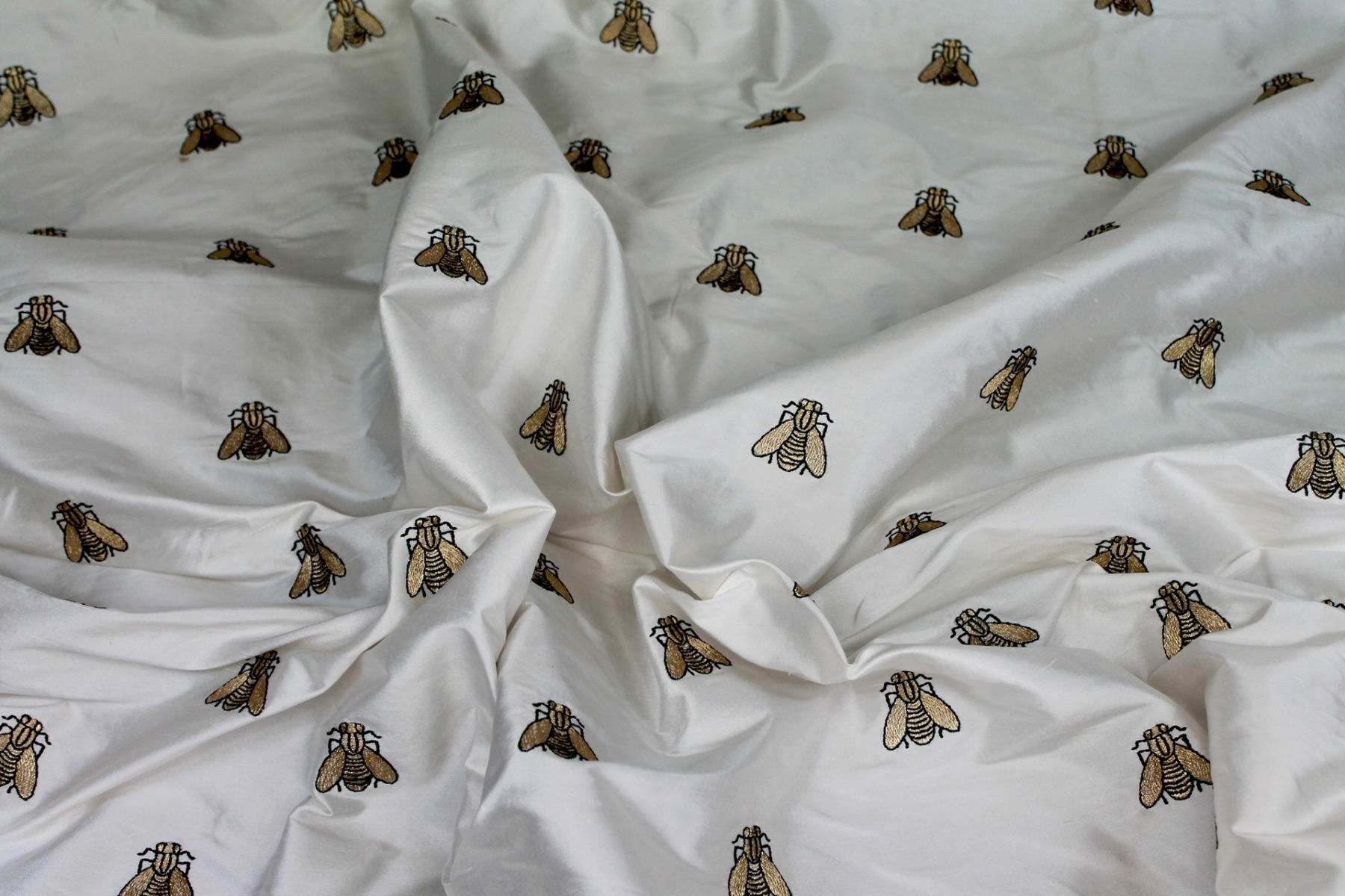 Silk Dupion Embroidered with Bees - Ivory / Gold fabric, image 6 of 7