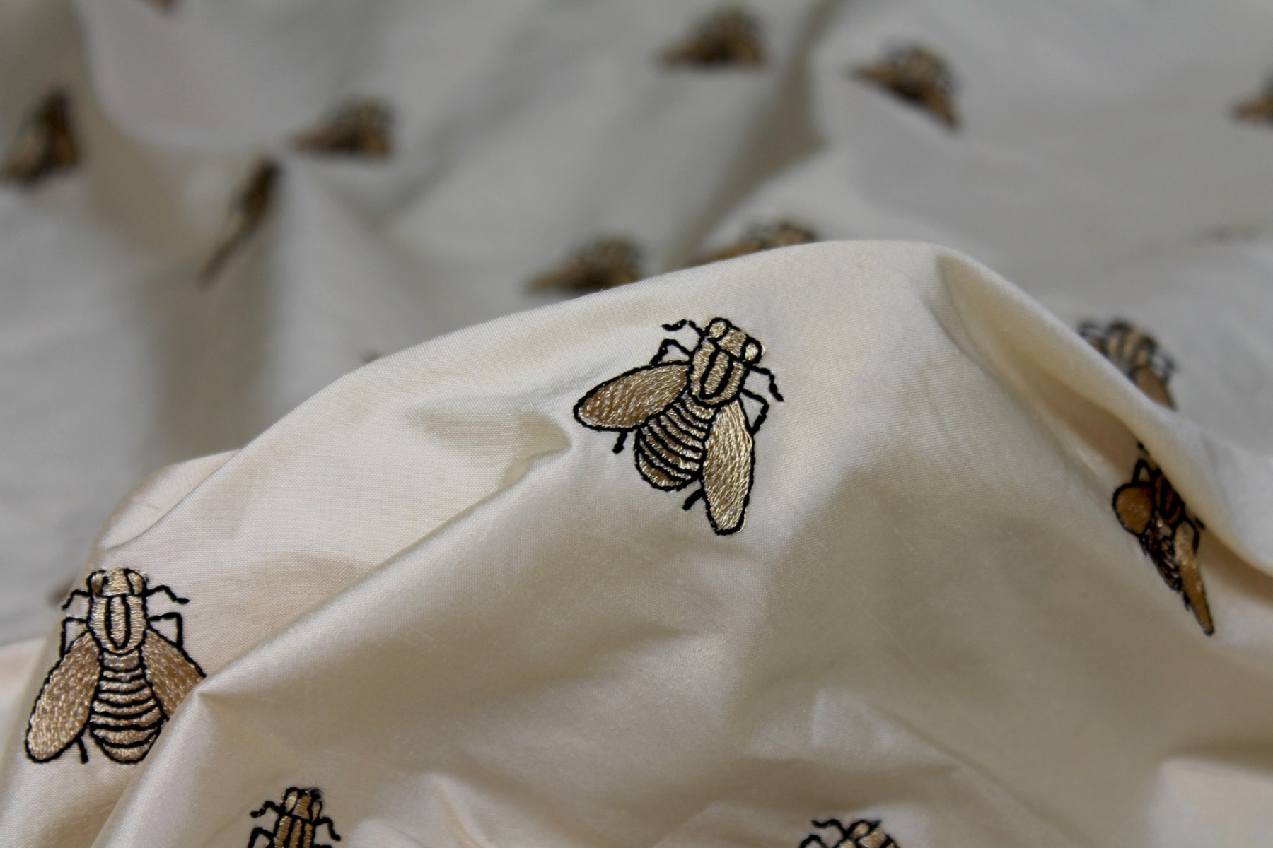 Silk Dupion Embroidered with Bees - Cream / Gold fabric, image 5 of 6