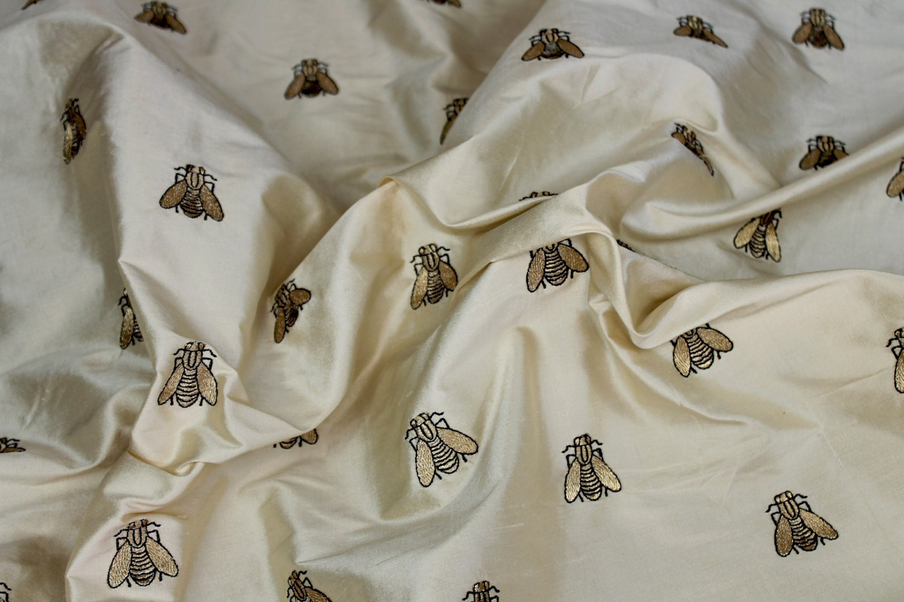 Silk Dupion Embroidered with Bees - Cream / Gold fabric, image 6 of 6