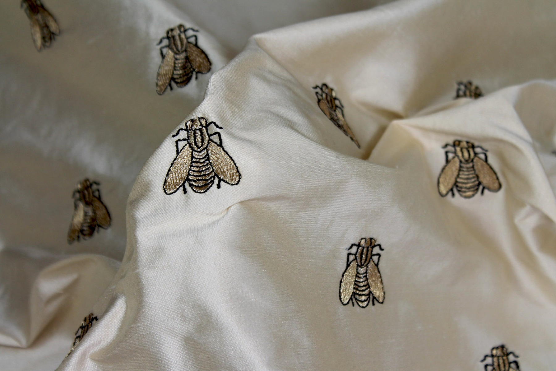 Silk Dupion Embroidered with Bees - Cream / Gold fabric