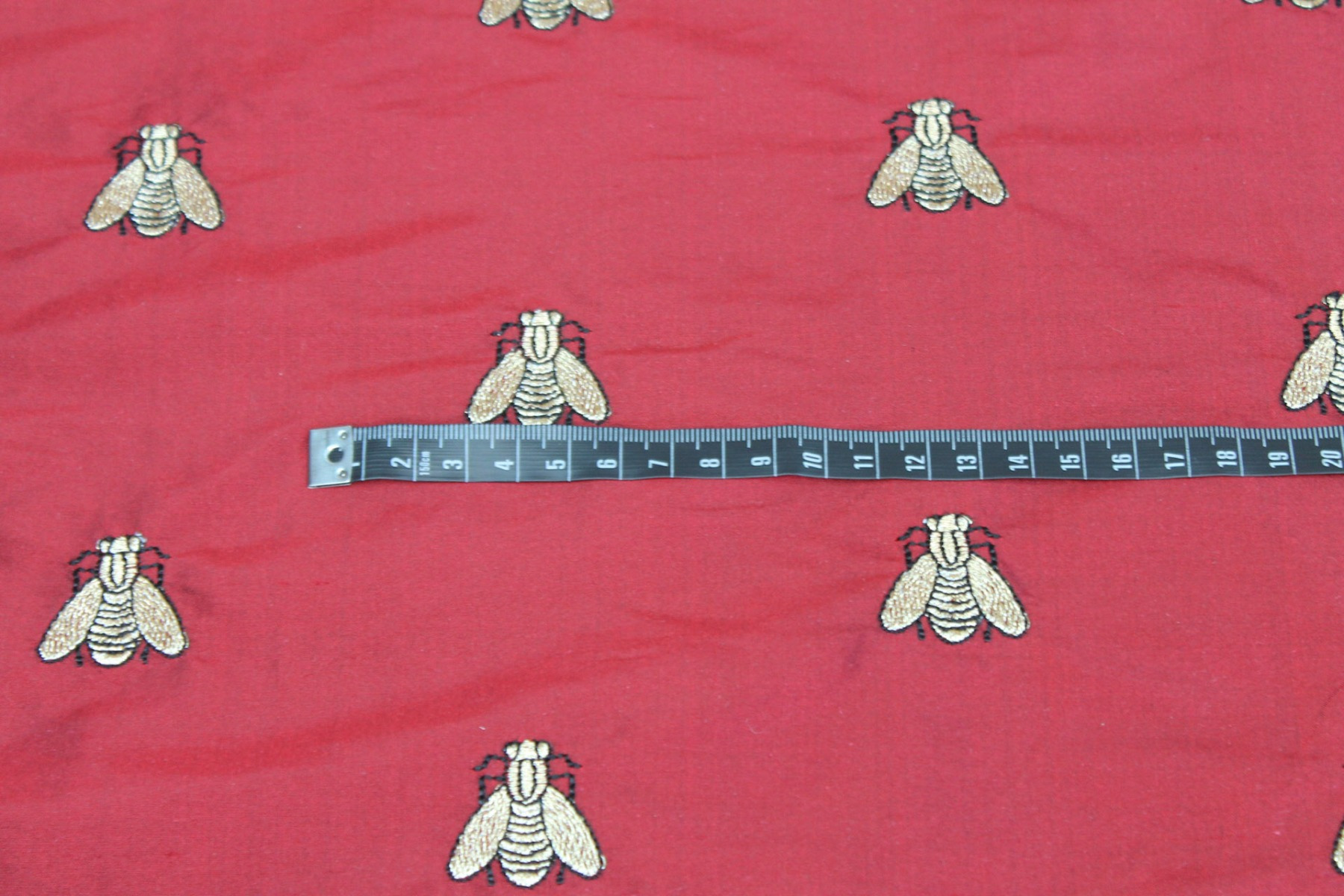 Silk Dupion Embroidered with Bees - Dark Red / Gold fabric
