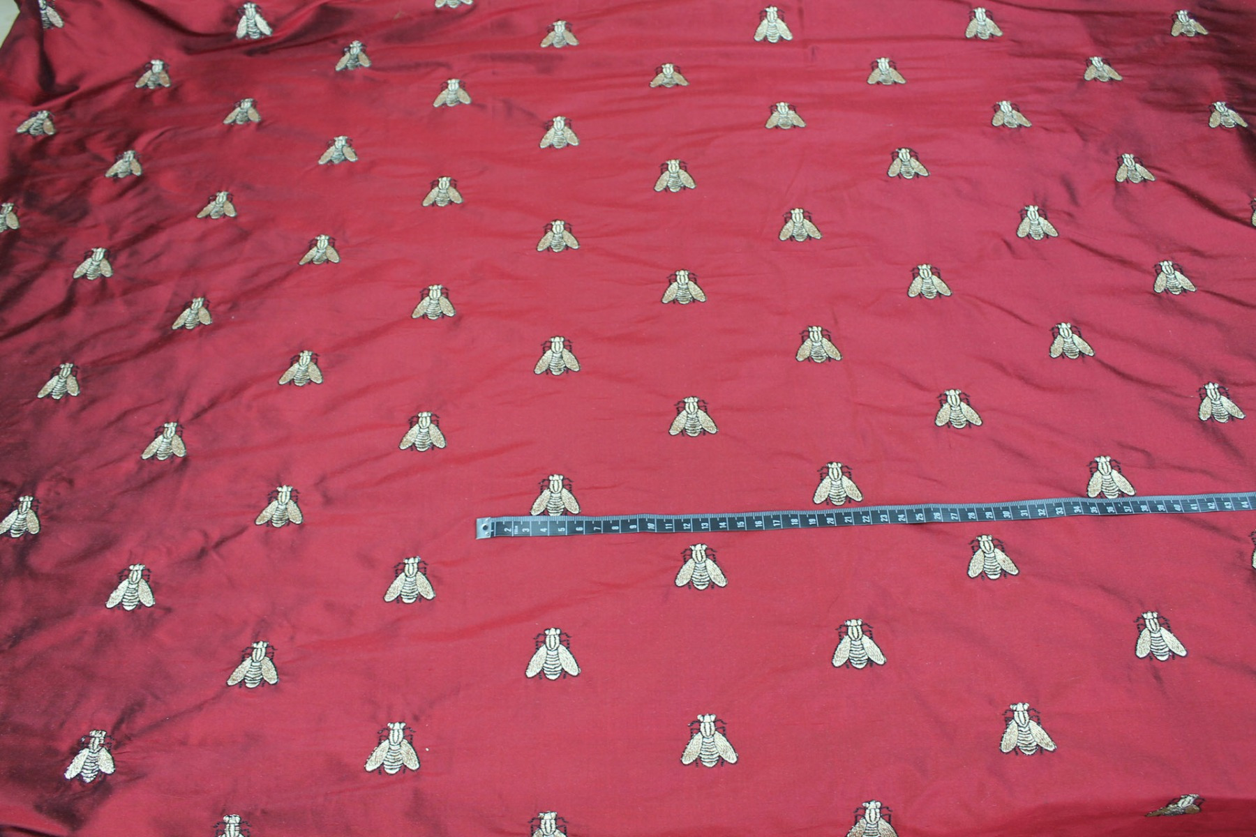 Silk Dupion Embroidered with Bees - Dark Red / Gold fabric, image 2 of 6