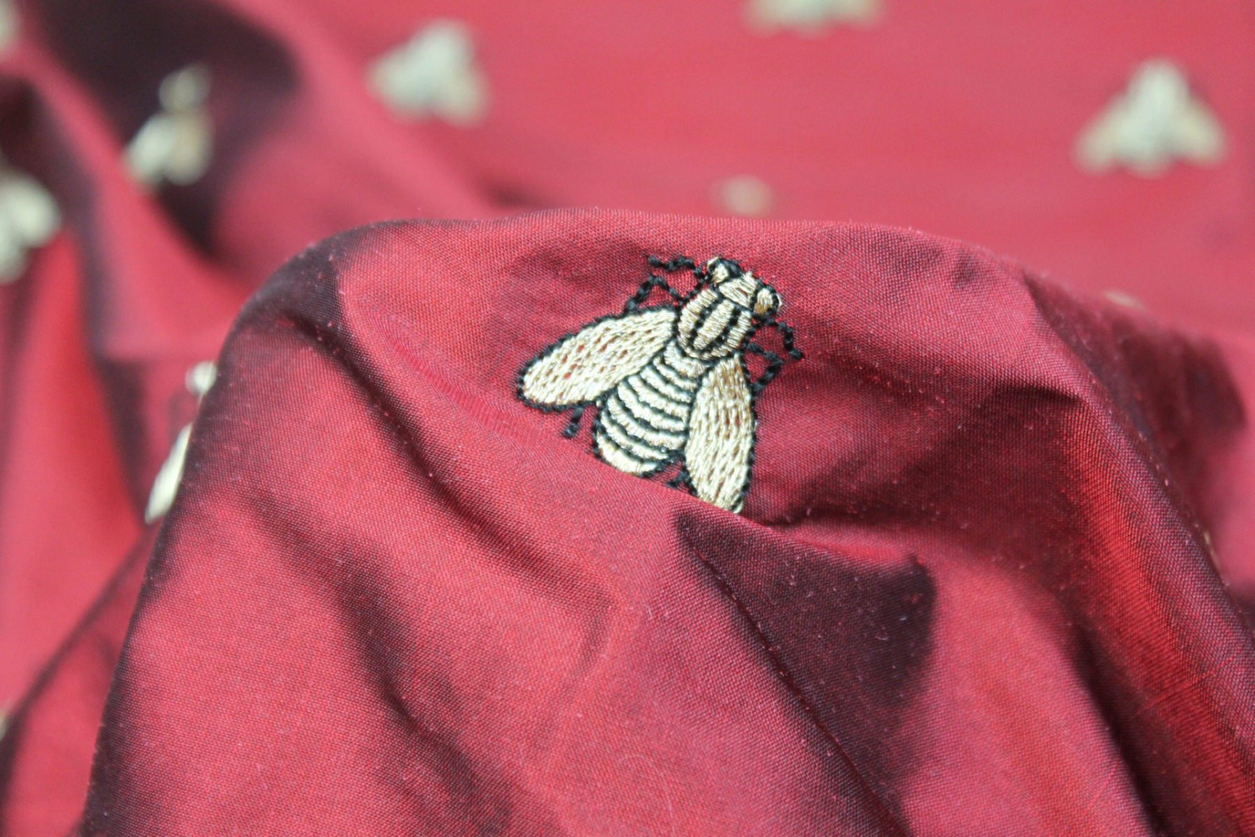 Silk Dupion Embroidered with Bees - Dark Red / Gold fabric, image 4 of 6