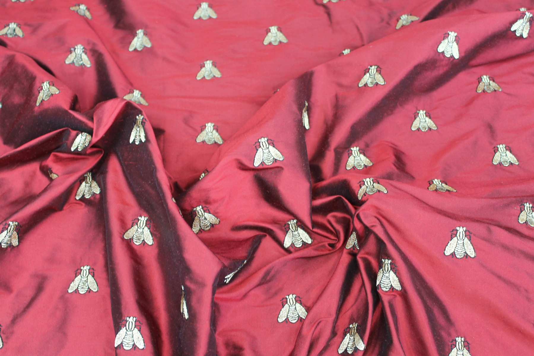 Silk Dupion Embroidered with Bees - Dark Red / Gold fabric, image 5 of 6