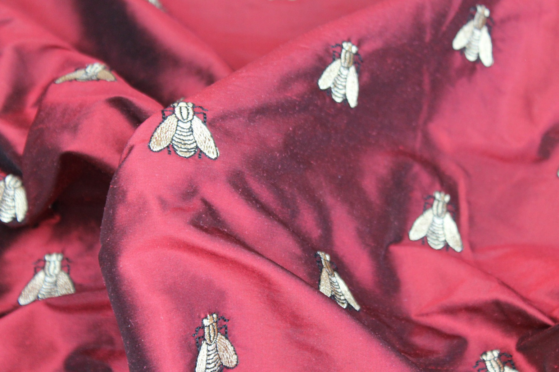 Silk Dupion Embroidered with Bees - Dark Red / Gold fabric, image 6 of 6