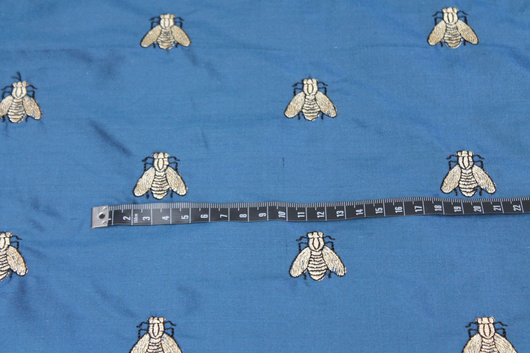 Silk Dupion Embroidered with Bees - Dark Blue / Gold fabric, image 2 of 8