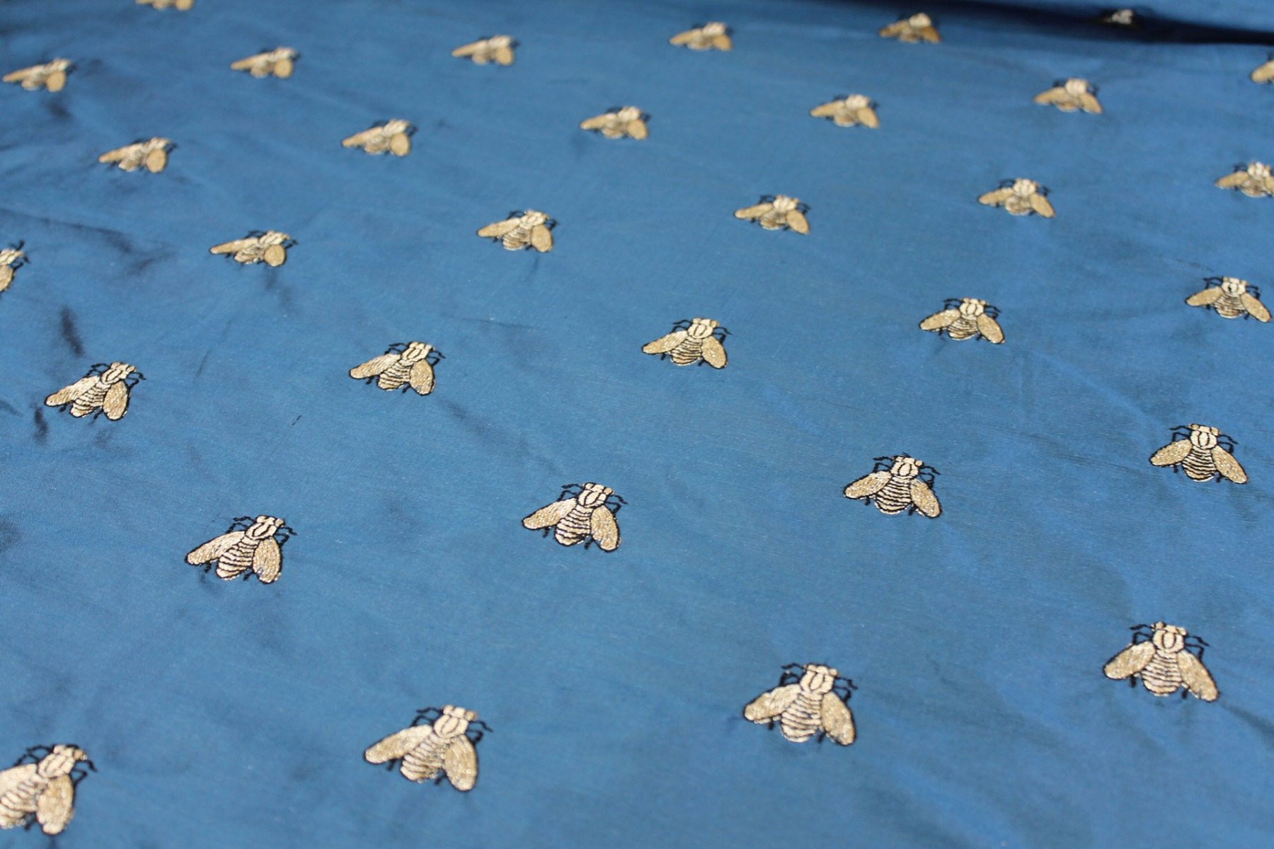 Silk Dupion Embroidered with Bees - Dark Blue / Gold fabric, image 4 of 8