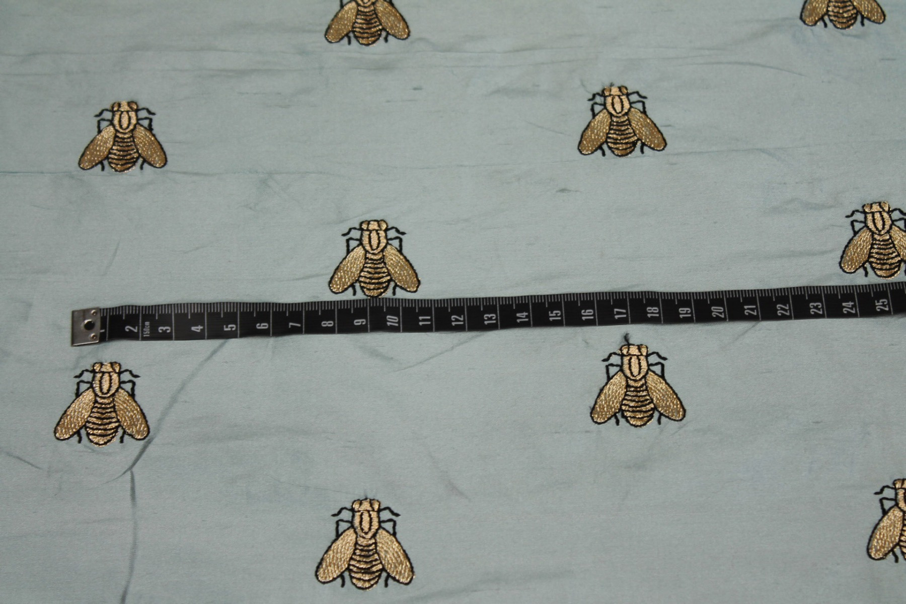 Silk Dupion Embroidered with Bees - Dusty Blue / Gold fabric, image 2 of 7