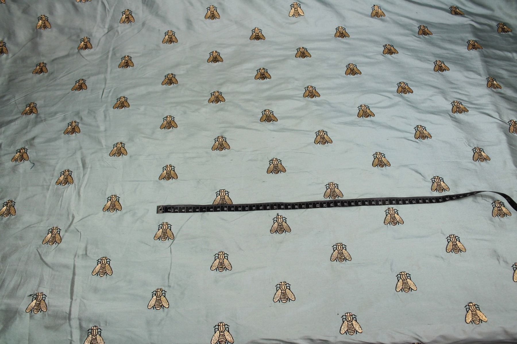 Silk Dupion Embroidered with Bees - Dusty Blue / Gold fabric, image 3 of 7