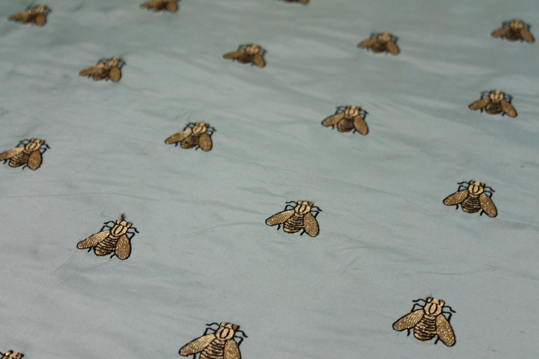 Silk Dupion Embroidered with Bees - Dusty Blue / Gold fabric, image 4 of 7