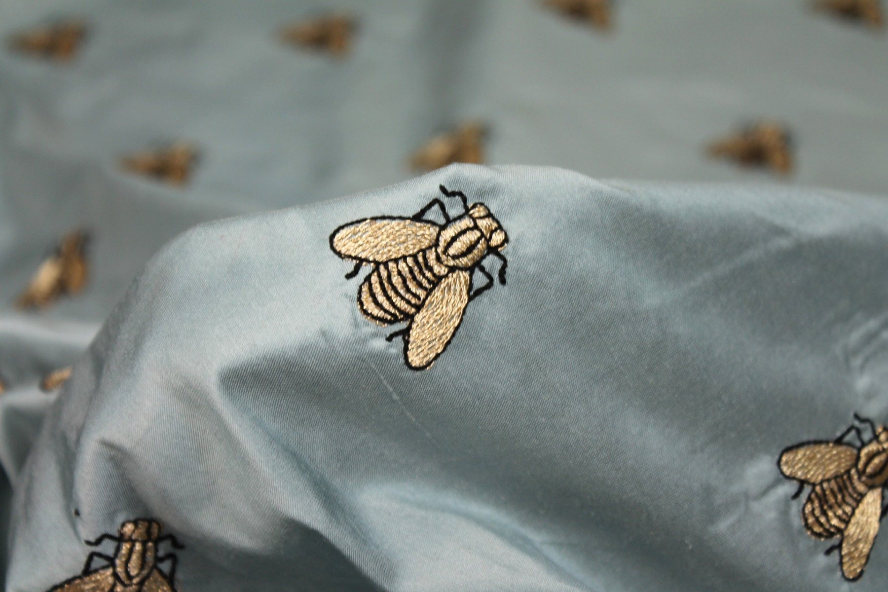 Silk Dupion Embroidered with Bees - Dusty Blue / Gold fabric, image 5 of 7