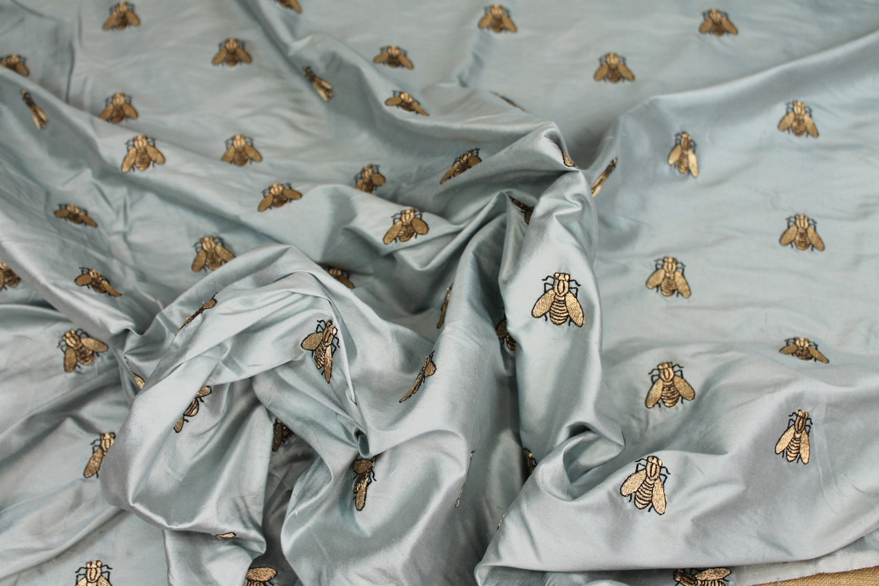 Silk Dupion Embroidered with Bees - Dusty Blue / Gold fabric, image 6 of 7
