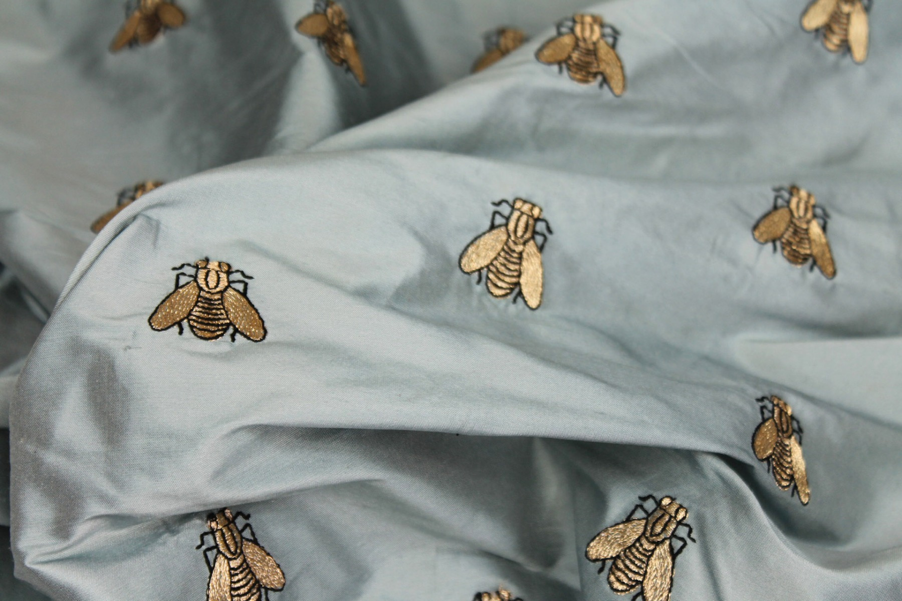 Silk Dupion Embroidered with Bees - Dusty Blue / Gold fabric