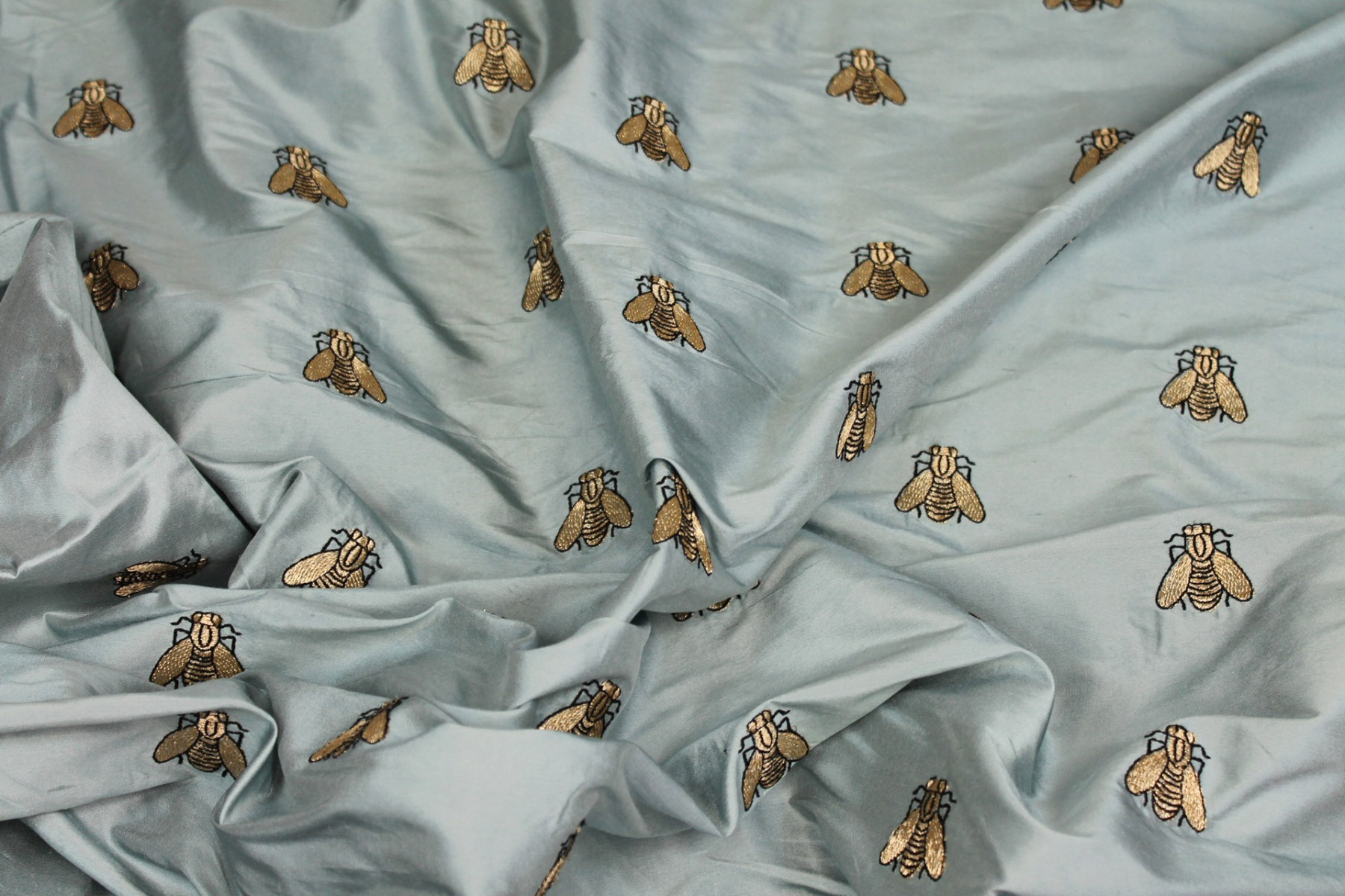 Silk Dupion Embroidered with Bees - Dusty Blue / Gold fabric, image 7 of 7