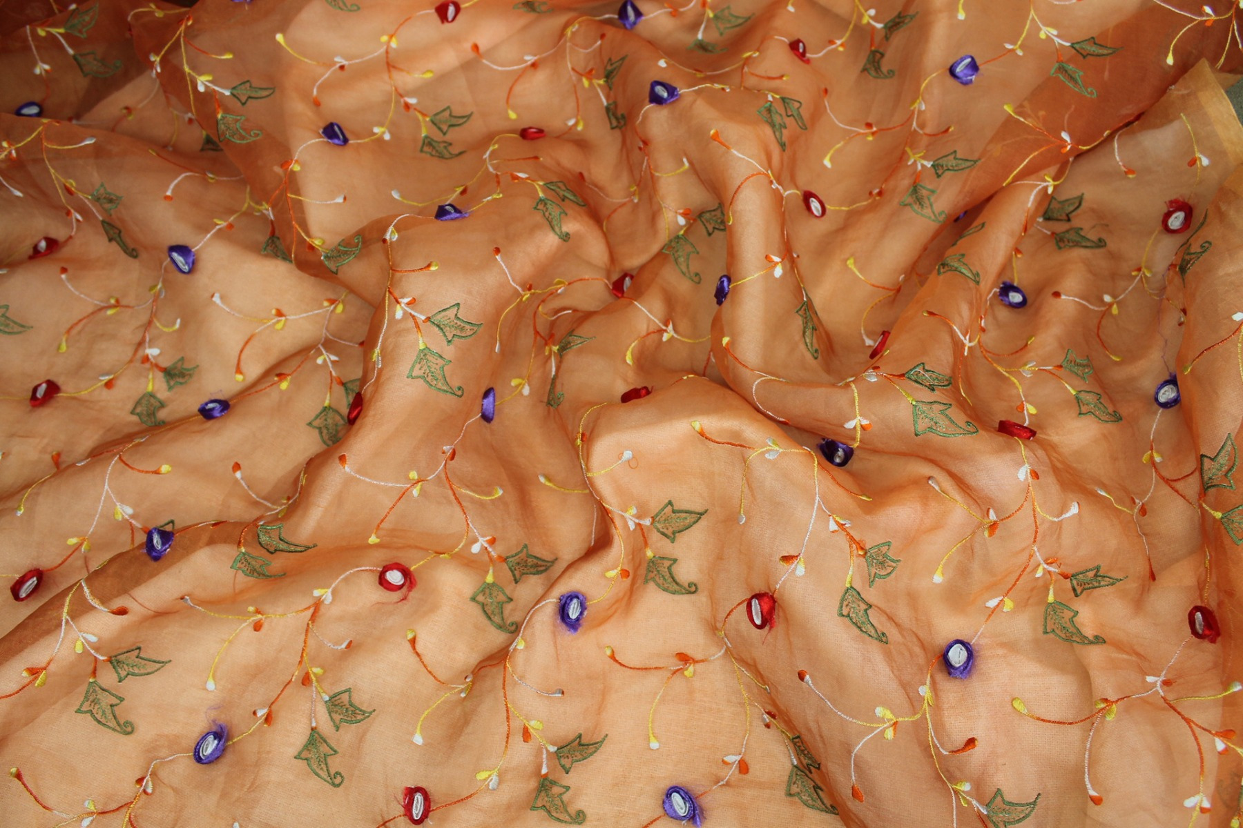 Orange Silk Organza with Ribbon Flower Embroidery fabric, image 3 of 9