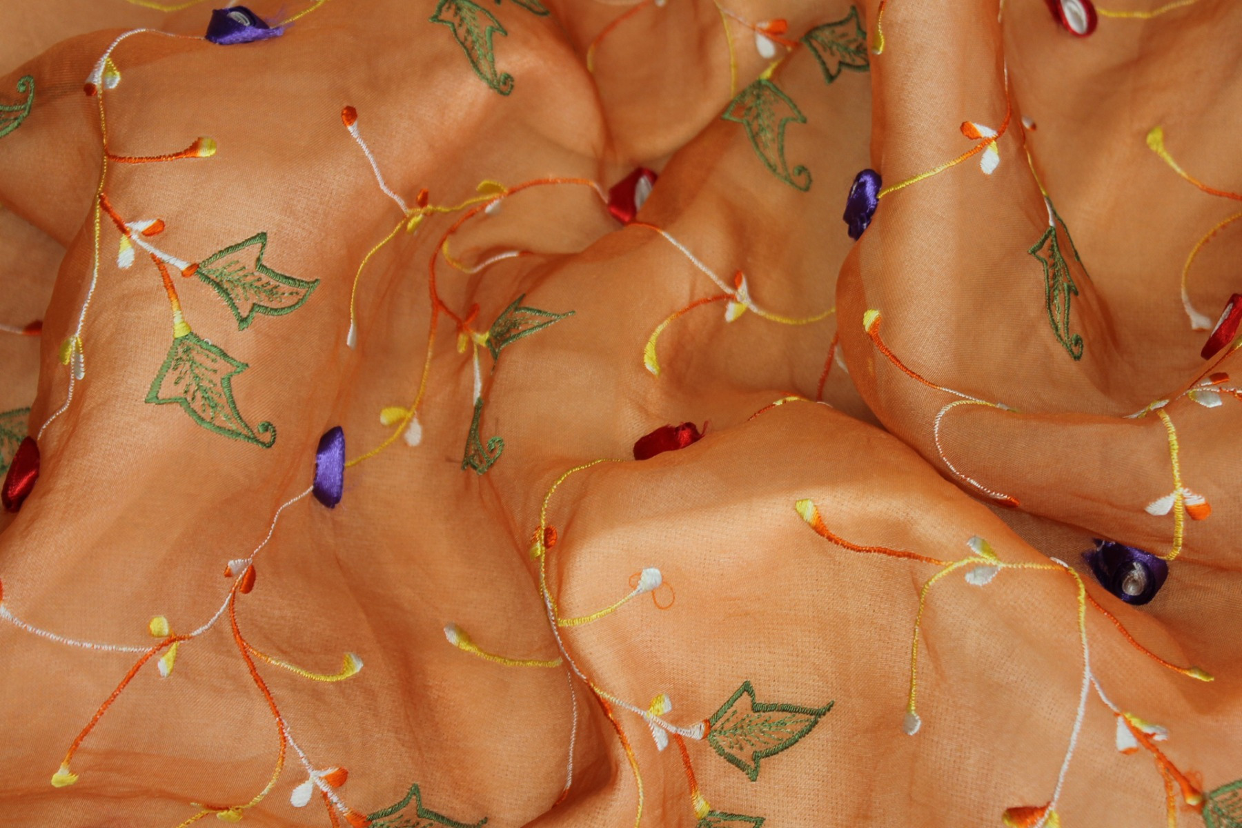 Orange Silk Organza with Ribbon Flower Embroidery fabric, image 4 of 9