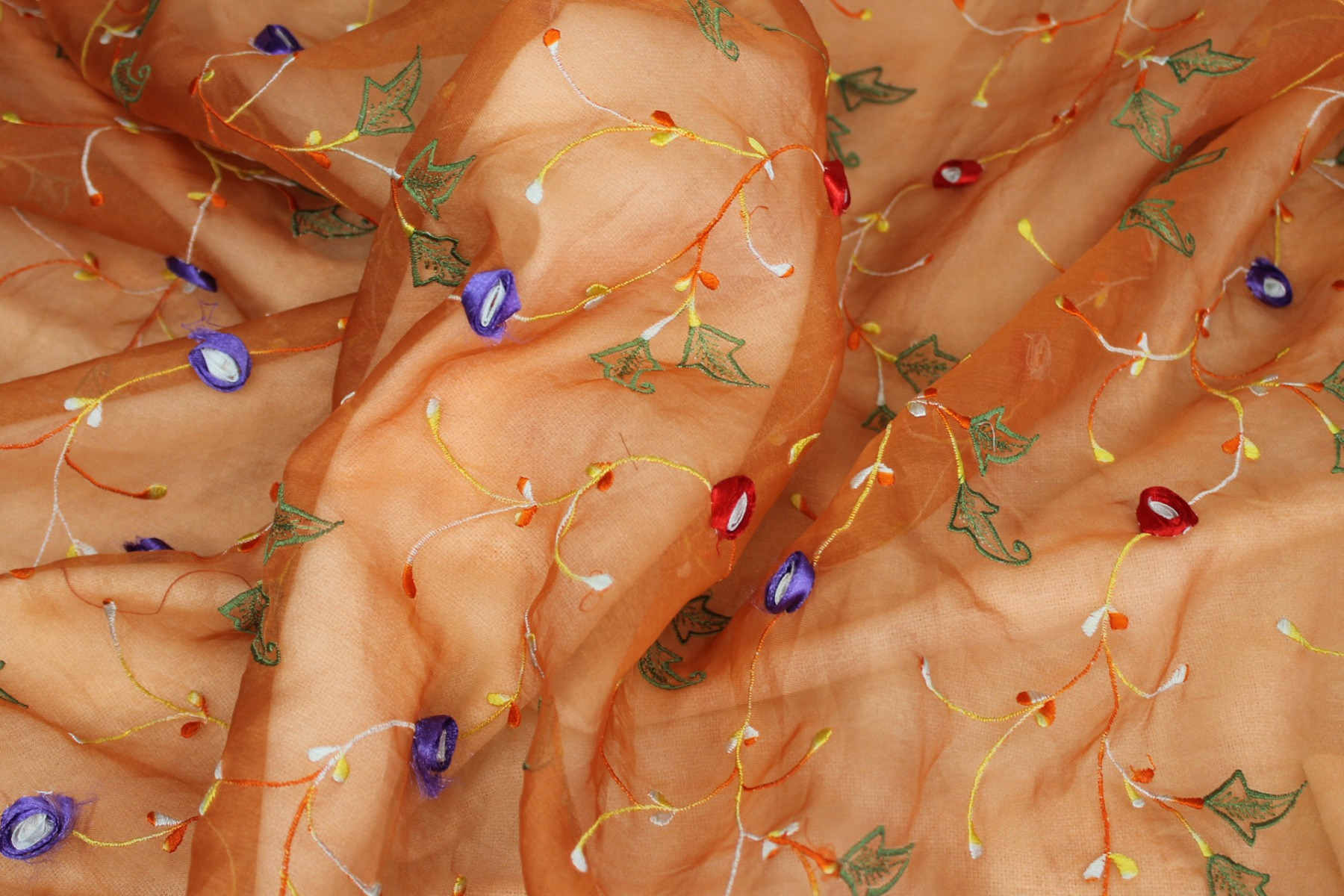 Orange Silk Organza with Ribbon Flower Embroidery fabric, image 5 of 9