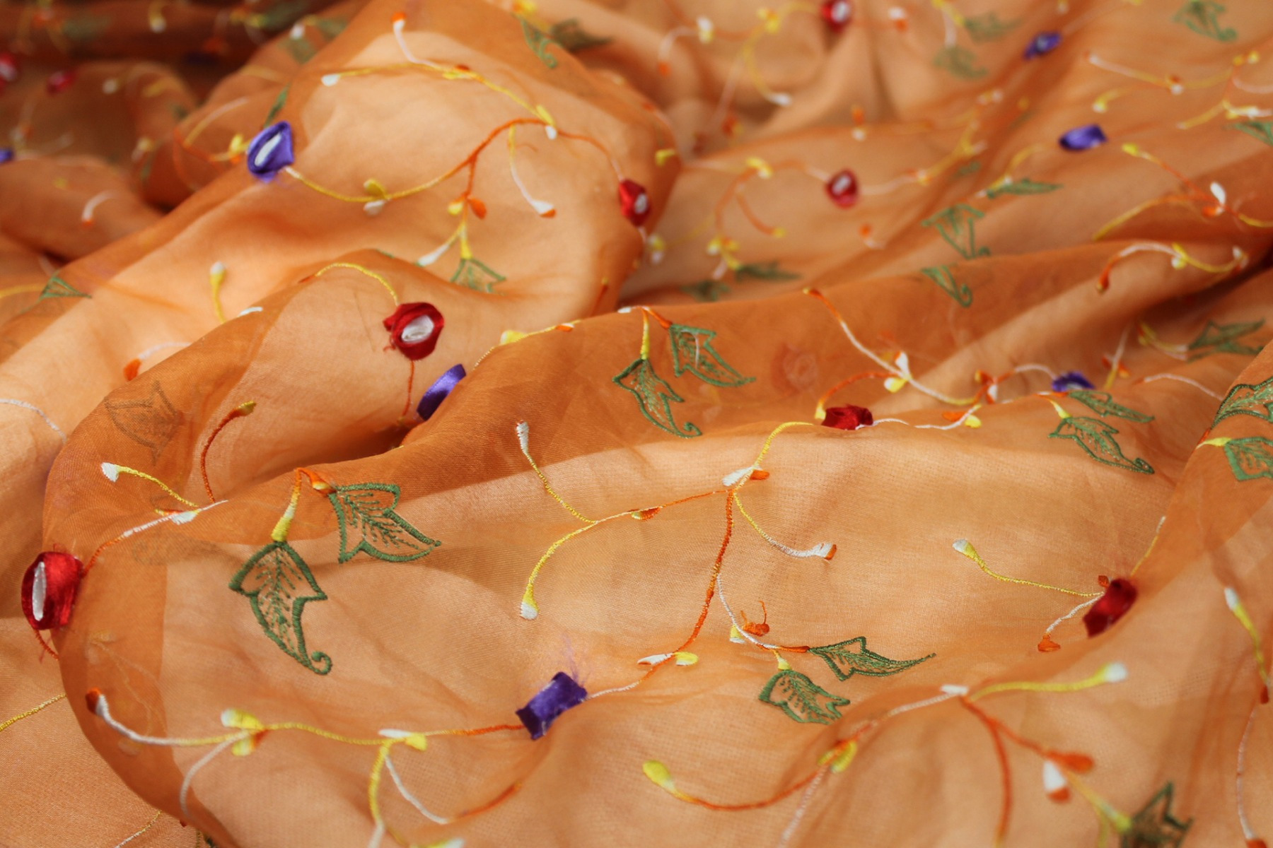 Orange Silk Organza with Ribbon Flower Embroidery fabric, image 6 of 9