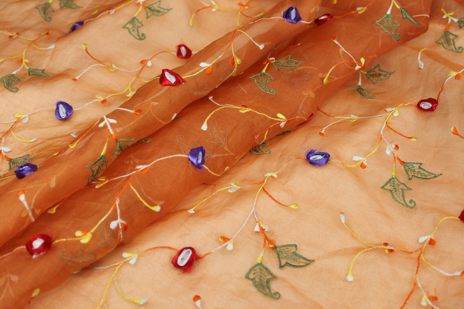 Orange Silk Organza with Ribbon Flower Embroidery fabric, image 7 of 9
