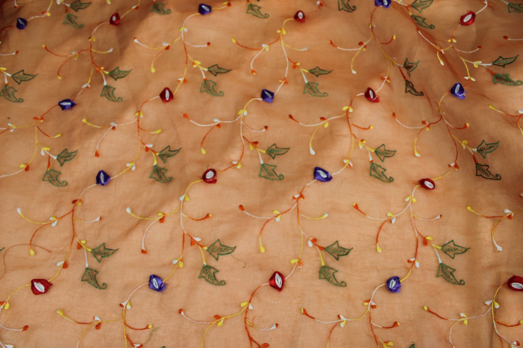 Orange Silk Organza with Ribbon Flower Embroidery fabric, image 8 of 9