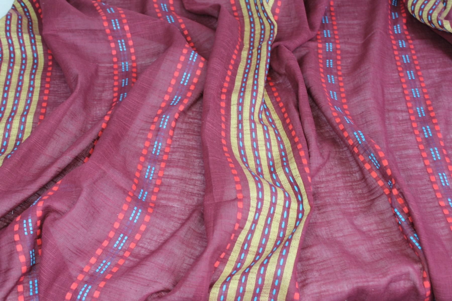 Burgundy Gauze with Geometric Patterned Stripes fabric, image 2 of 5