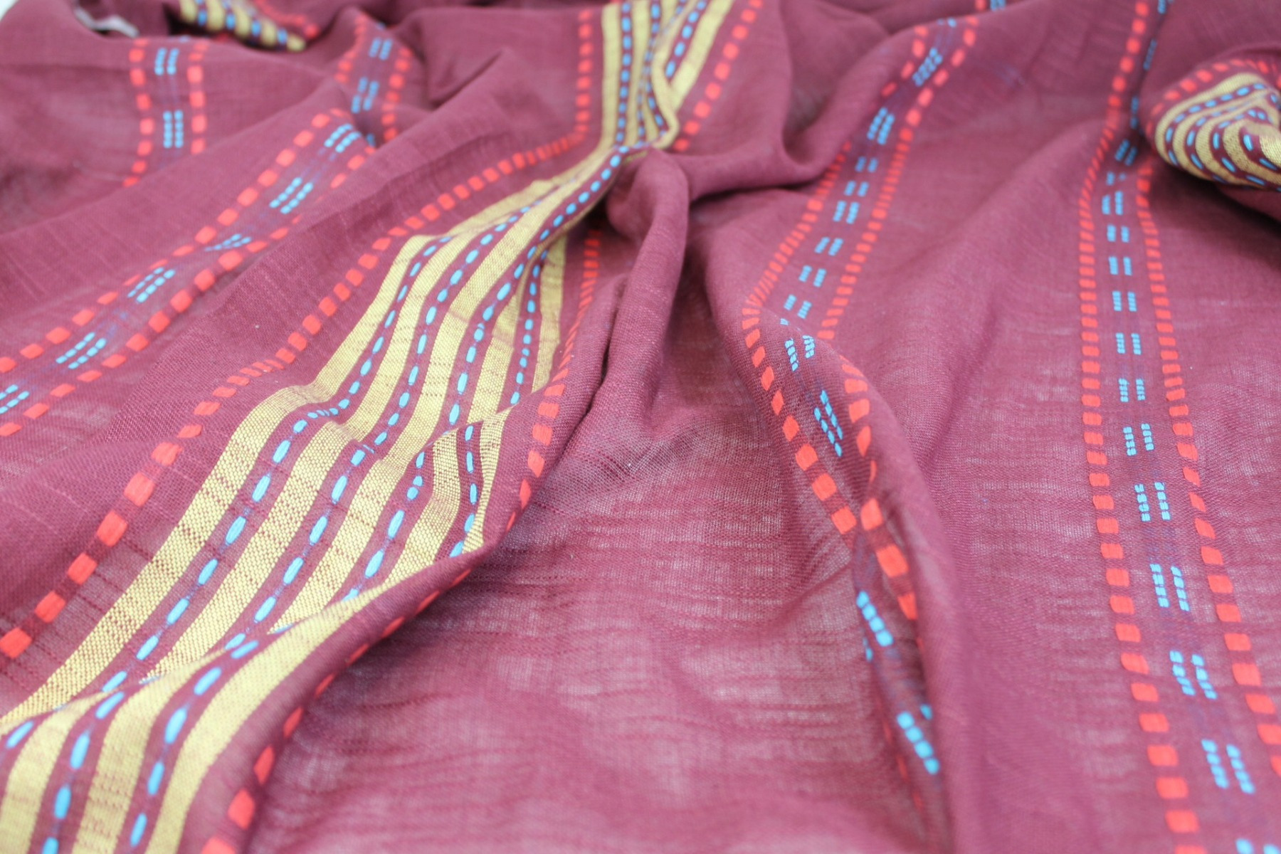 Burgundy Gauze with Geometric Patterned Stripes fabric, image 3 of 5