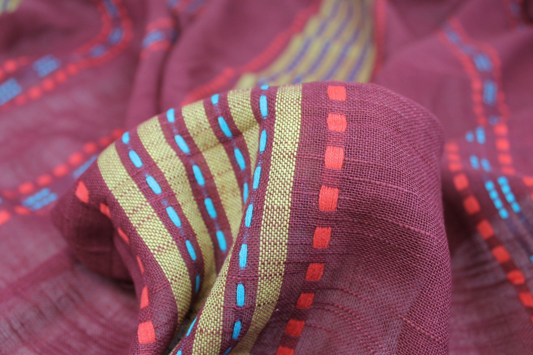 Burgundy Gauze with Geometric Patterned Stripes fabric