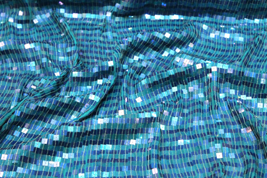 Square Sequin on Silk Chiffon Turquoise/Blue fabric, image 5 of 5