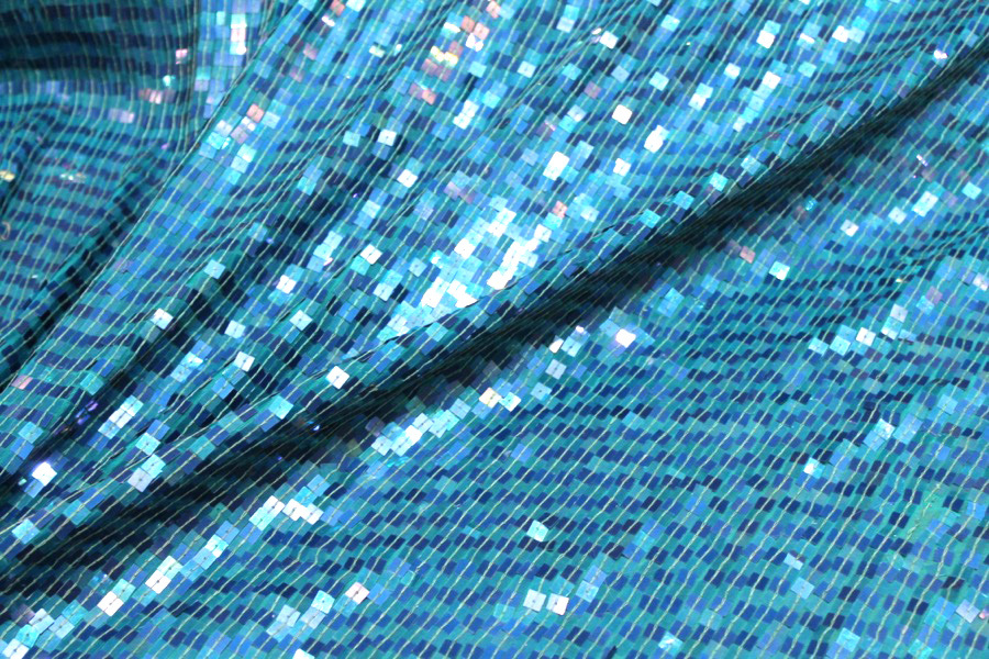 Square Sequin on Silk Chiffon Turquoise/Blue fabric, image 3 of 5