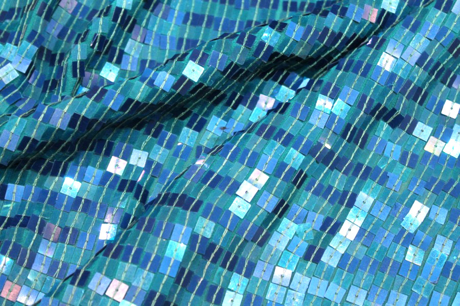Square Sequin on Silk Chiffon Turquoise/Blue fabric, image 4 of 5