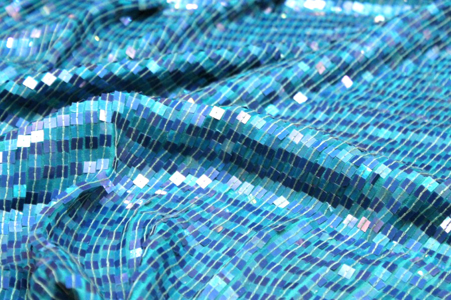 Square Sequin on Silk Chiffon Turquoise/Blue fabric, image 2 of 5