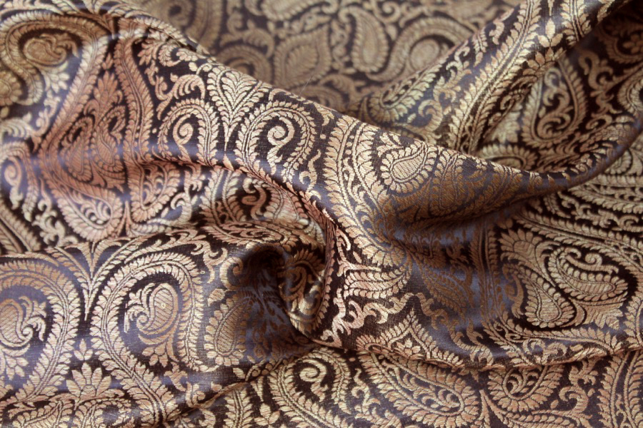 Banaras Brocade - Black and Warm Gold Paisley fabric, image 3 of 6