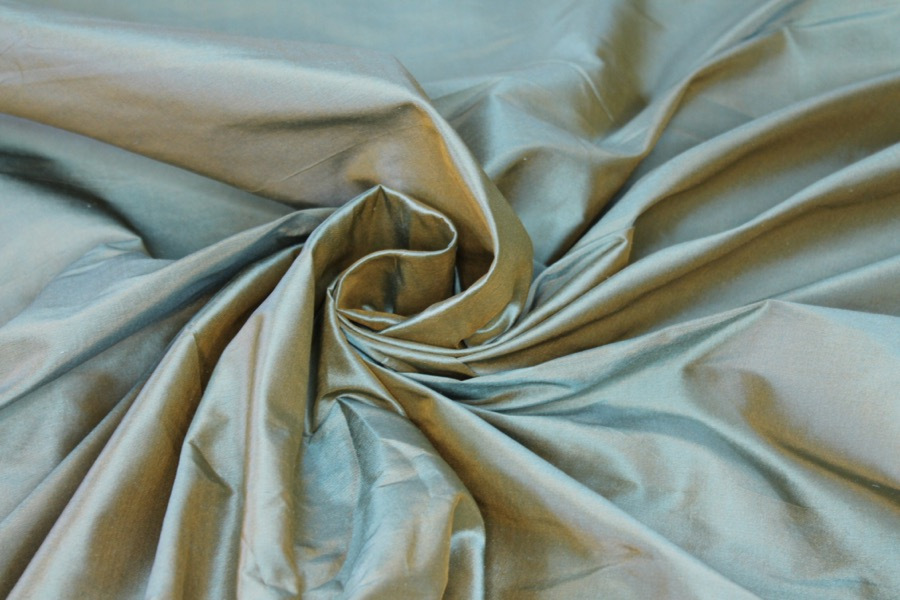 Silk Dupion - Sky Blue shot Mustard fabric