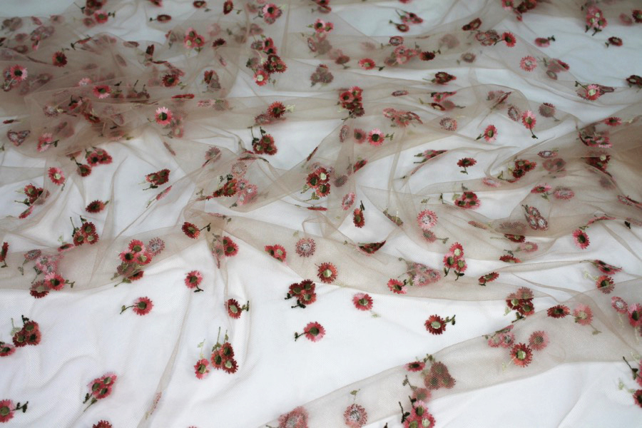 Floral Embroidered Daisies on Tulle - Amber and Pinks on Nude fabric, image 2 of 7