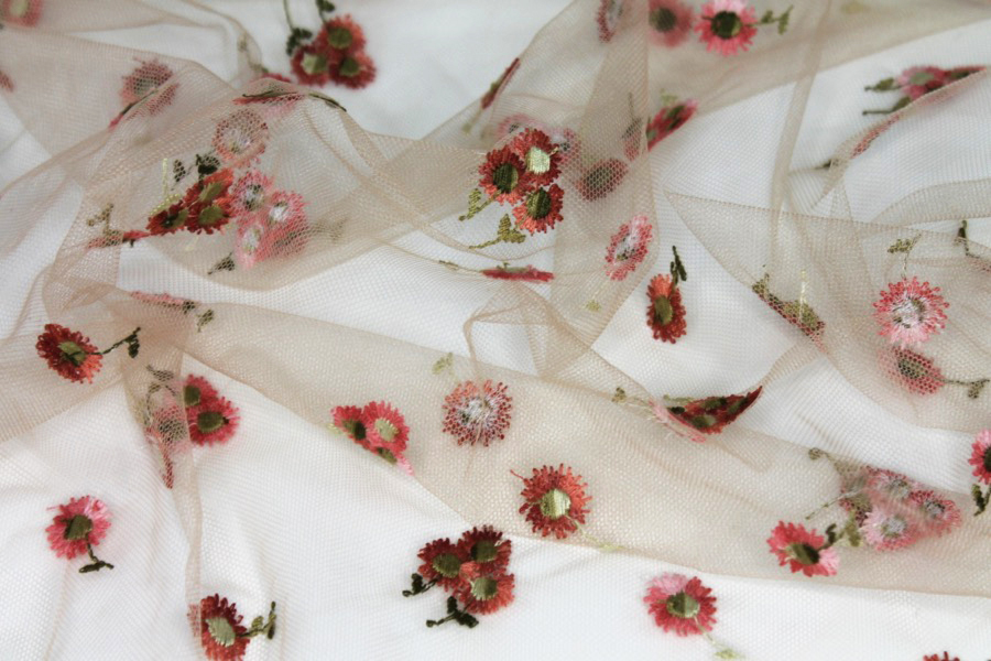 Floral Embroidered Daisies on Tulle - Amber and Pinks on Nude fabric, image 4 of 7